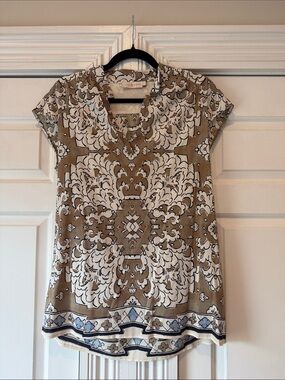 Tory Burch Tan and White Patterned Short Sleeve Blouse